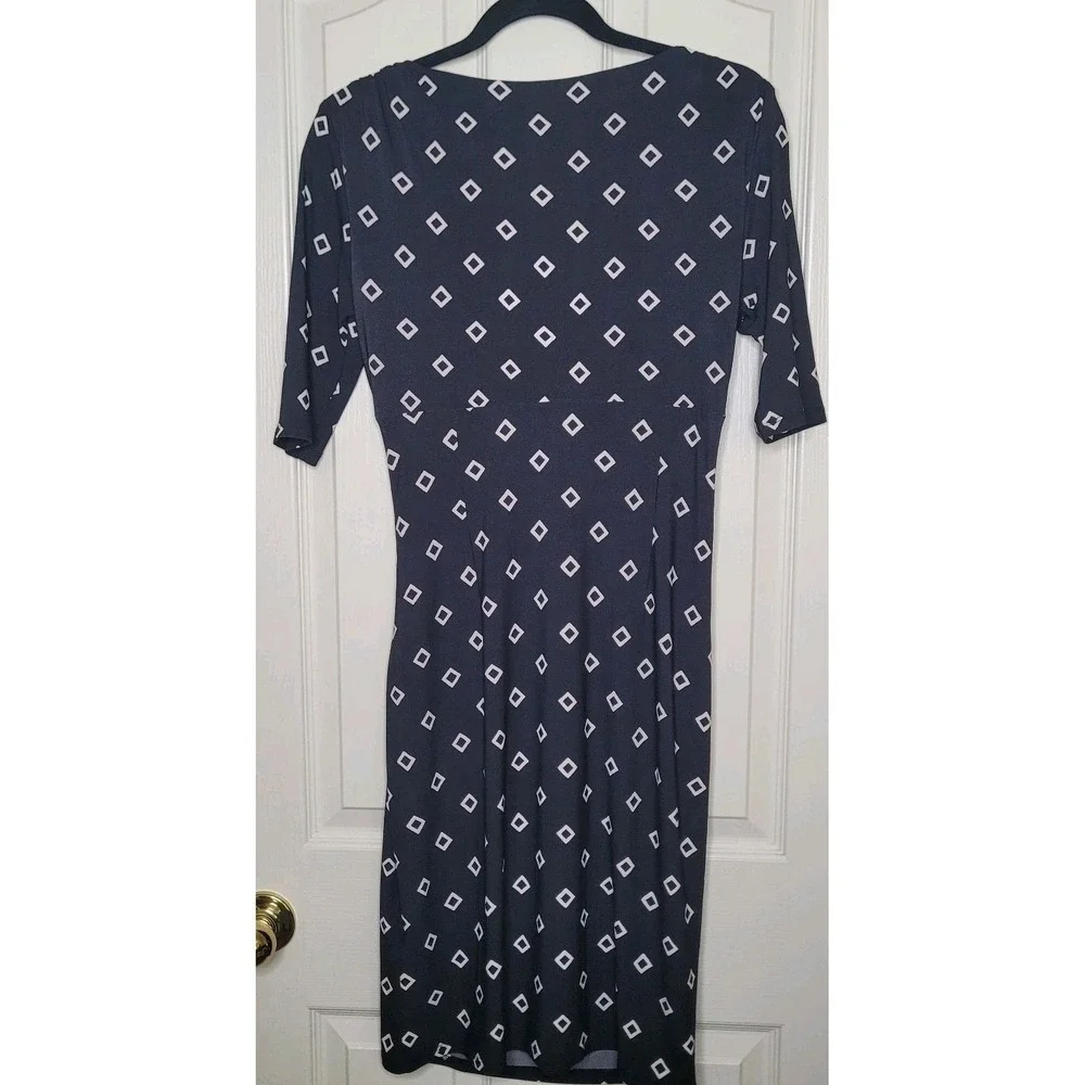 Lauren Ralph Lauren Dress Womens Sz 4 Black Ruched White Diamond Print Faux Wrap